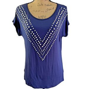 Leo & Ugo Women Navy Pearl Embellished Scoop Neck Cap Sleeves T-Shirt Sz 10/12